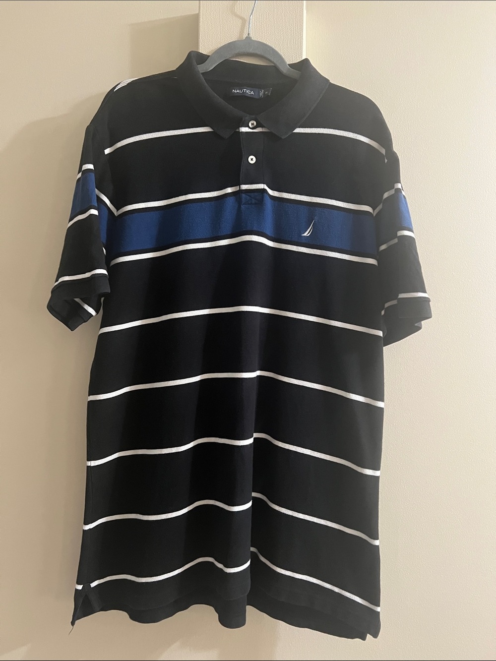 Nautica Black Polo with Blue and White Stripes